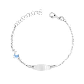 Bracciale con Targa Ovale e Delfino Azzurro e Bianco, Argento s925