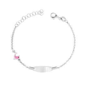 Bracciale con Targa Ovale e Delfino Rosa e Bianco, Argento s925