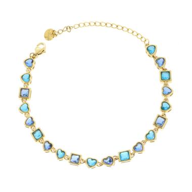 Bracciale Cuori e Quadrati alternati - Azzurro degradè,  in ACCIAIO inox