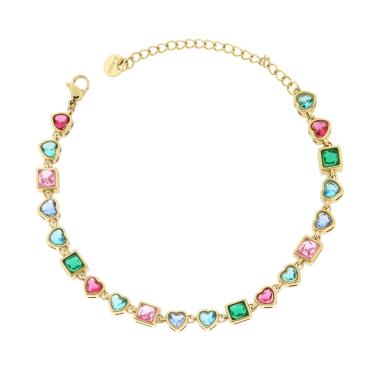 Bracciale Cuori e Quadrati alternati - Multicolor,  in ACCIAIO inox