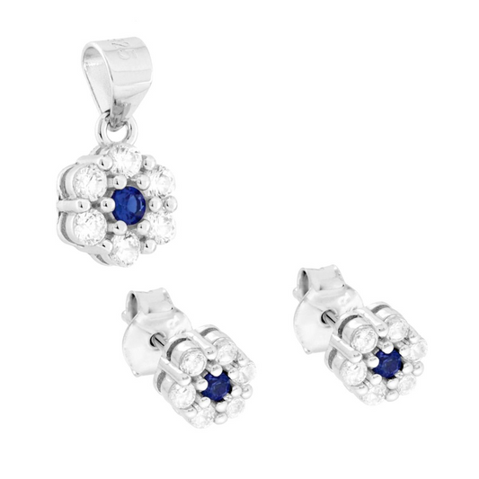 Parure Set Orecchini e Ciondolo con Fiore Blu Zaffiro, Argento s925