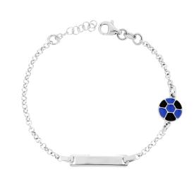 Bracciale Pallone Calcio con Smalto Blu e Nero, Argento s925