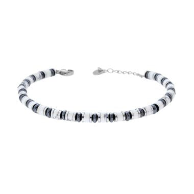 Bracciale Anelli e Cilindretti Pietre Bianco e Howlite, in ACCIAIO inox