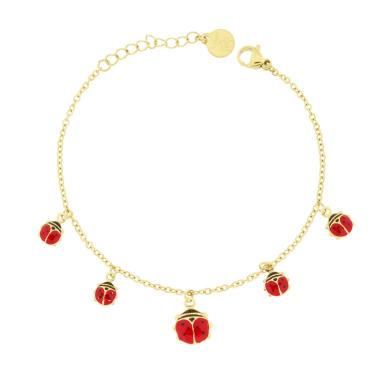 Bracciale Diamantato con Coccinelle Smalto Rosso e Nero pendenti, in ACCIAIO