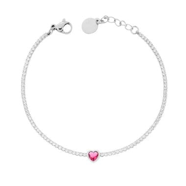 Bracciale Tennis con Cuore centrale Ruby, Acciaio Inox