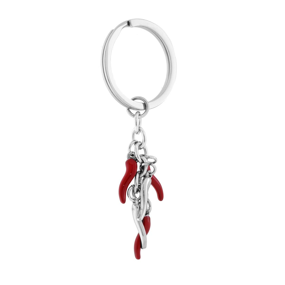Portachiavi Portafortuna Corni Smalto Rosso, ACCIAIO