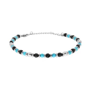 Bracciale Catena con Anelli Palline e Pietre Turchese e Nero in ACCIAIO inox