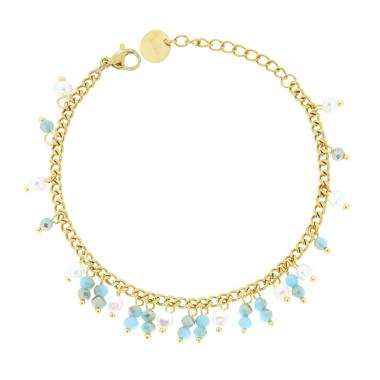 Bracciale Catena Grumetta con Perle Bianche e Crystal Turchese, in ACCIAIO
