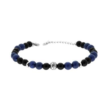 Bracciale Pietre Nero e Blu con Palla da Calcio in ACCIAIO inox