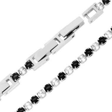 Bracciale Tennis con Crystal mm 3 alternati Neri e Bianchi, Acciaio Inox