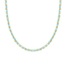 Collana Cilindretti Diamantati e Pietre Celeste Perlato, in ACCIAIO inox
