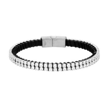 Bracciale in Ecopelle Nero con Tennis Crystal Neri, in ACCIAIO