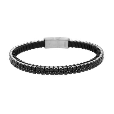 Bracciale in Ecopelle Nero con Tennis Crystal Neri, in ACCIAIO
