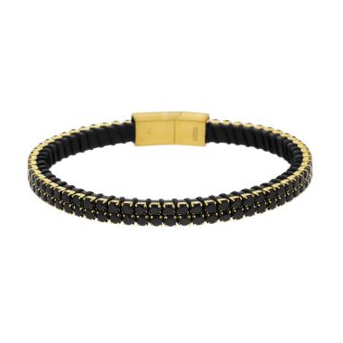 Bracciale in Ecopelle Nero con Tennis Crystal Neri, in ACCIAIO