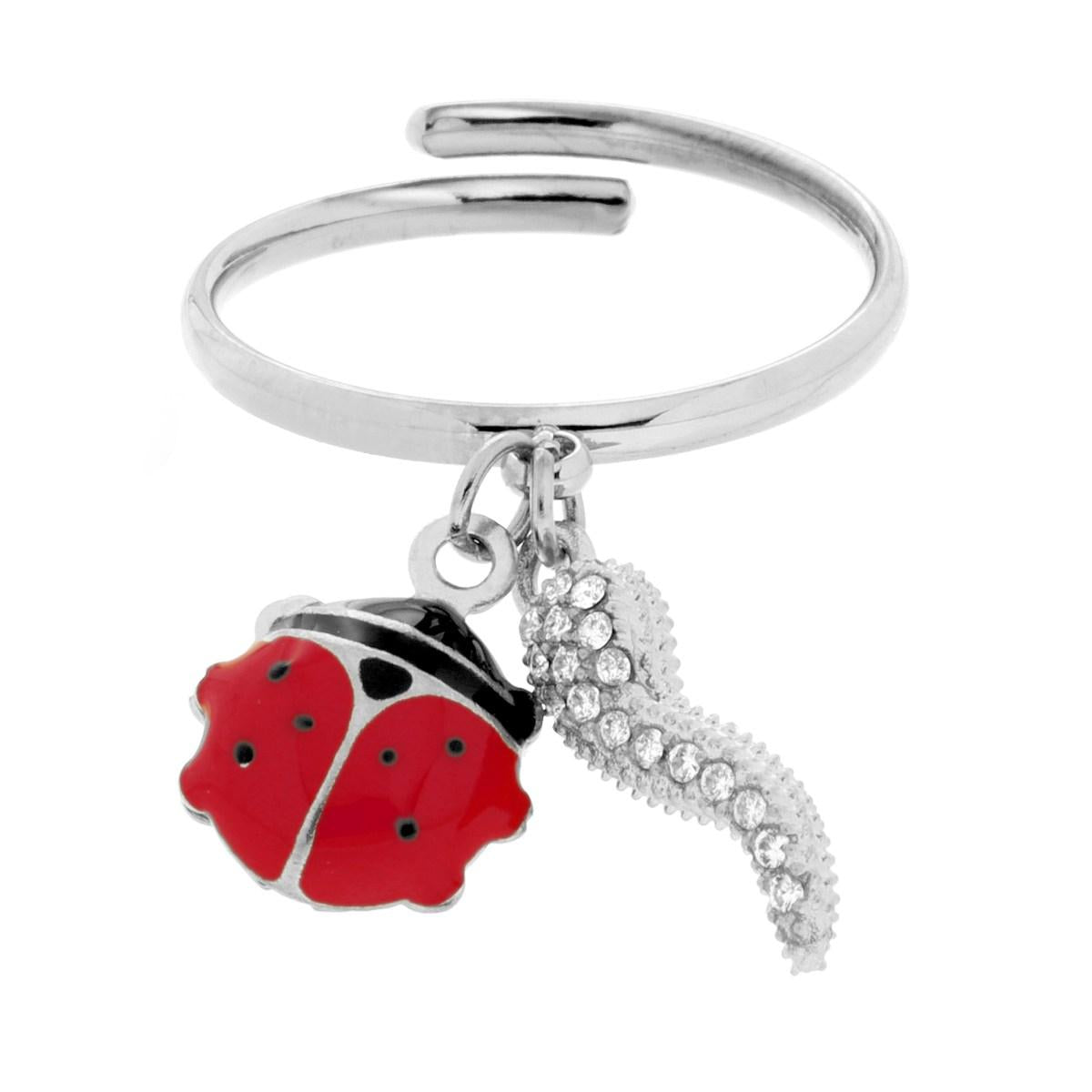 Anello con Coccinella e Corno con Smalto Rosso, in ACCIAIO inox