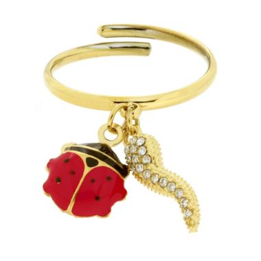 Anello con Coccinella e Corno con Smalto Rosso, in ACCIAIO inox