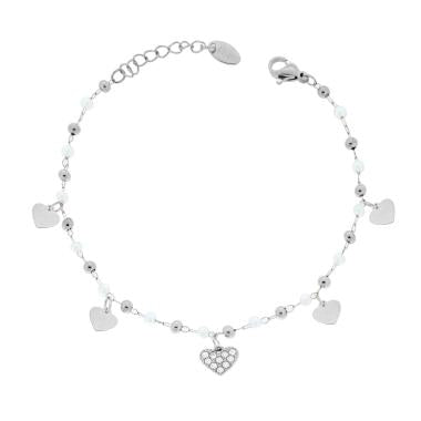Bracciale con Perle Palline e Cuori pendenti, in ACCIAIO inox