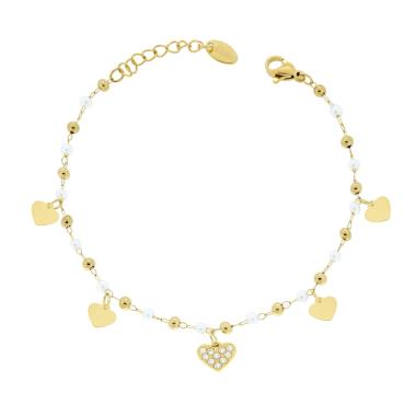 Bracciale con Perle Palline e Cuori pendenti, in ACCIAIO inox