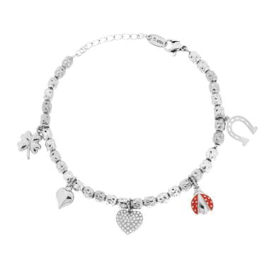 Bracciale con Ovali Martellati e Charms Portafortuna pendenti,  in ACCIAIO
