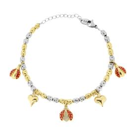Bracciale con Ovali Martellati e Charms Portafortuna con Smalto Rosso, in ACCIAIO