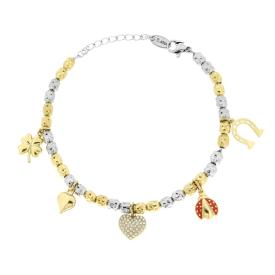 Bracciale con Ovali Martellati e Charms Portafortuna pendenti,  in ACCIAIO