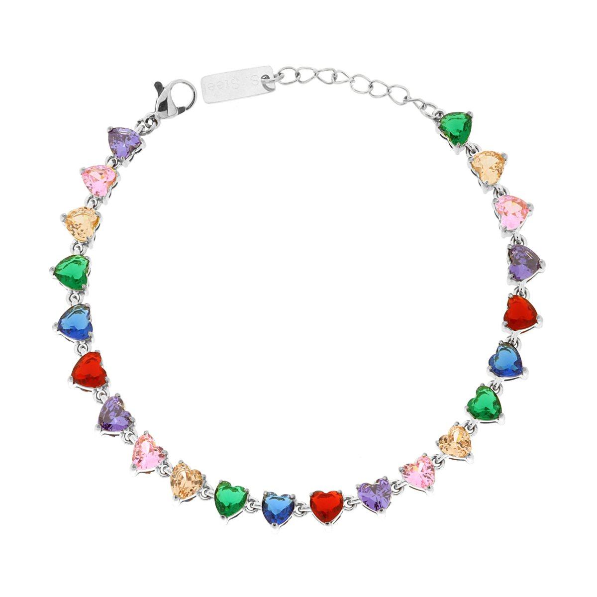 Bracciale Tennis con Cuori Multicolor, in ACCIAIO