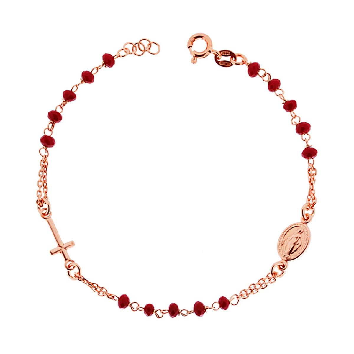 Bracciale Rosario con Grani Rossi con Croce e Madonna , in Argento s925