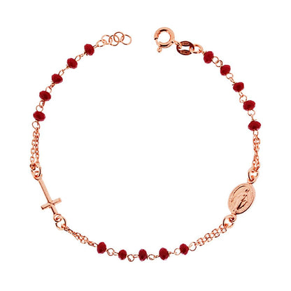 Bracciale Rosario con Grani Rossi con Croce e Madonna , in Argento s925