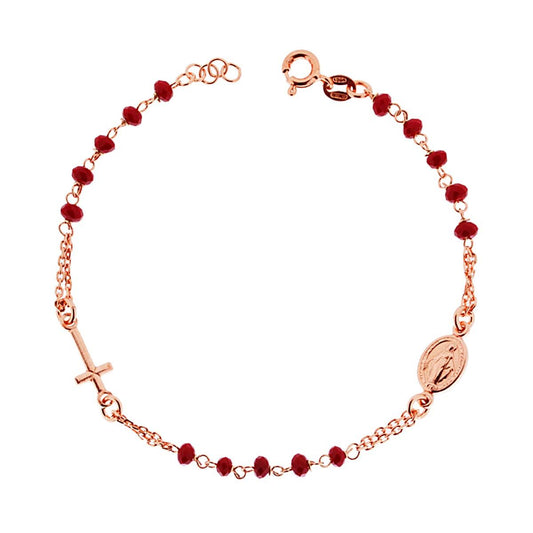 Bracciale Rosario con Grani Rossi con Croce e Madonna , in Argento s925
