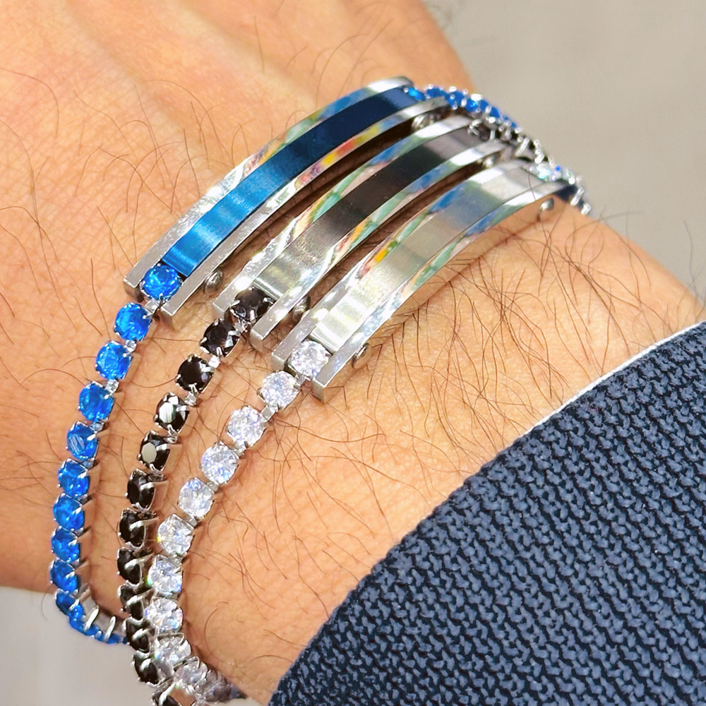 Bracciale Uomo Tennis 3mm con Placchetta, in Acciaio Inox