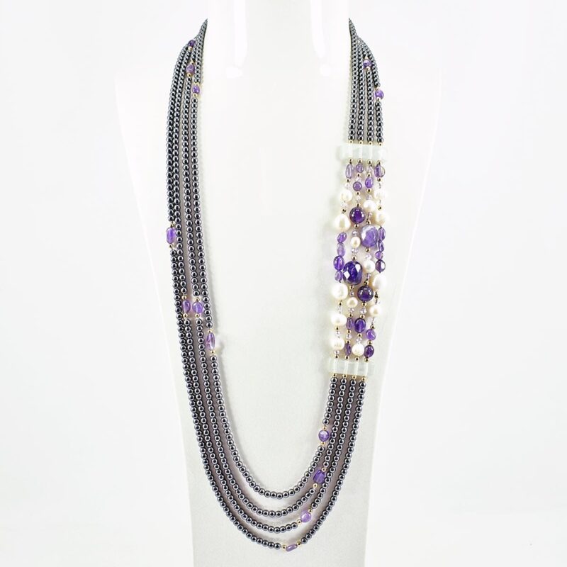 Collana Lunga Multifilo in Ametista, Perle ed Ematite