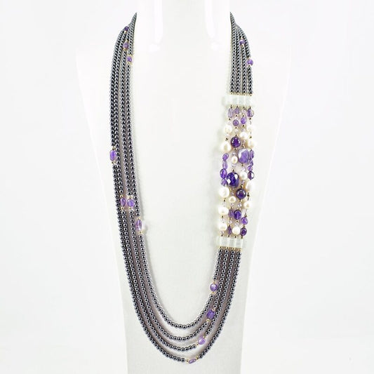 Collana Lunga Multifilo in Ametista, Perle ed Ematite