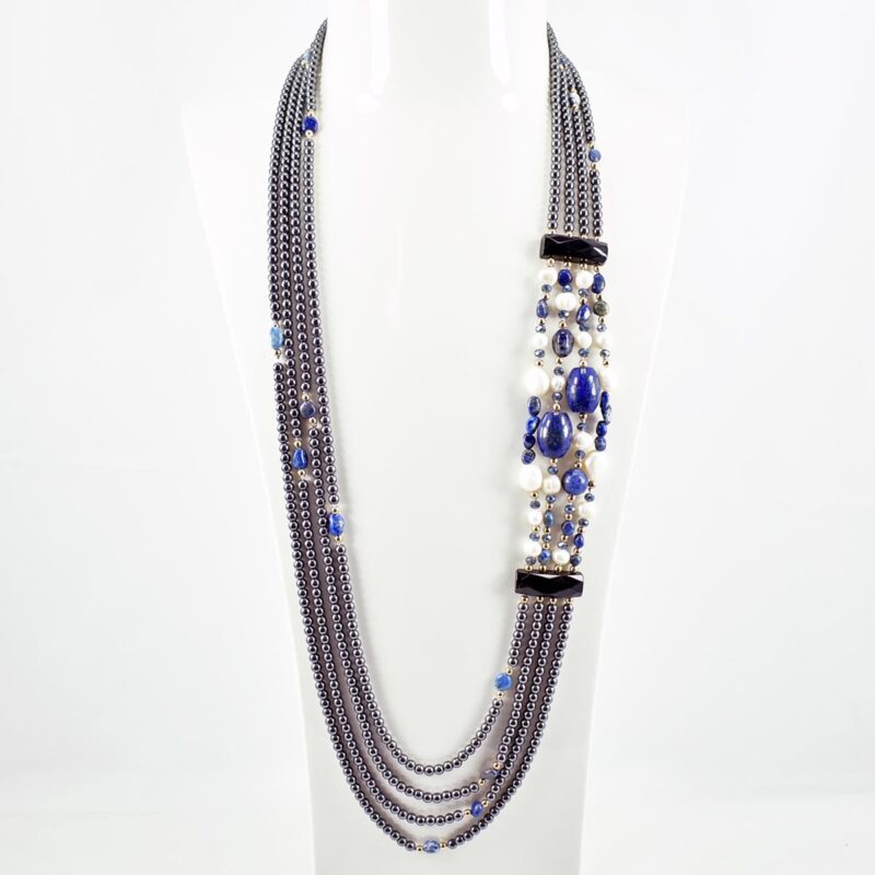Collana Lunga Multifilo in Lapis, Perle ed Ematite