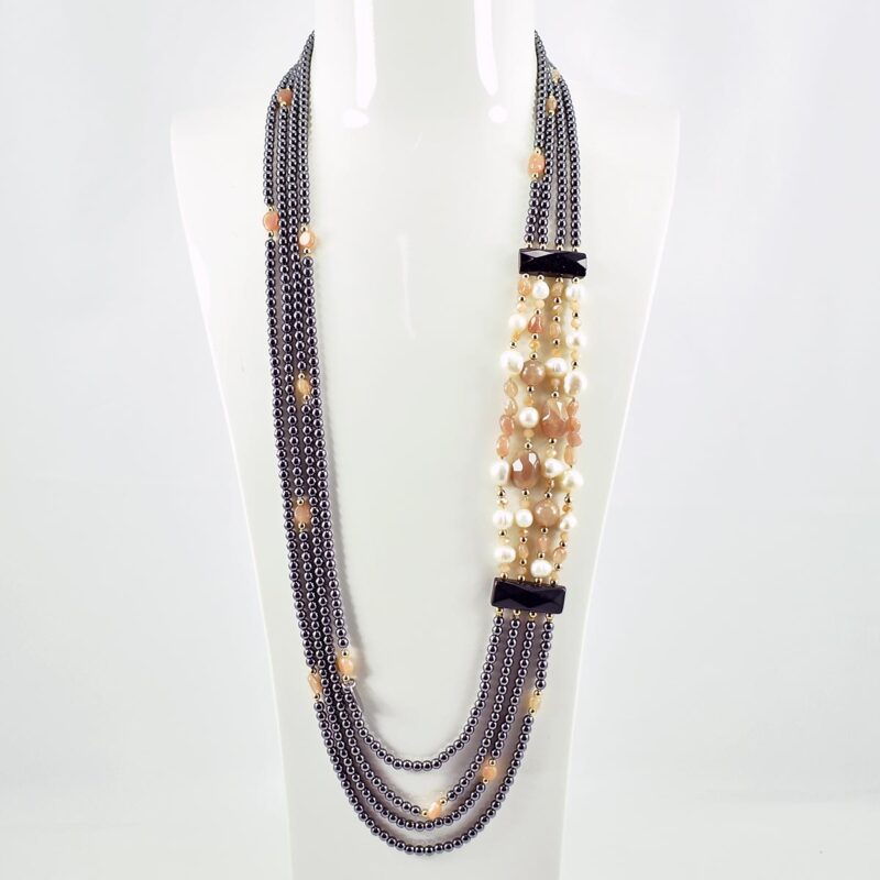 Collana Lunga Multifilo in Pietra del Sole, Perle ed Ematite