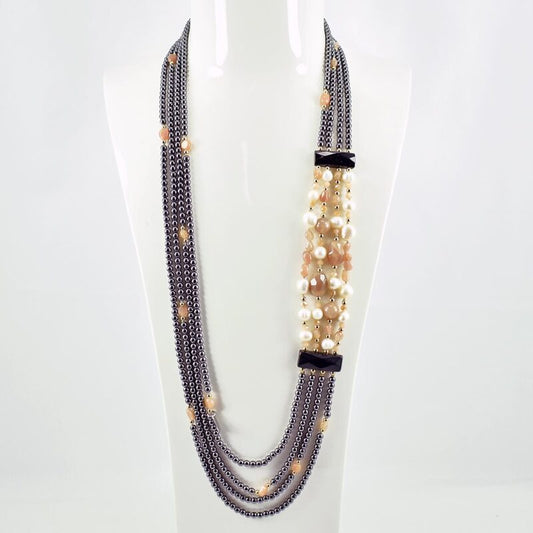 Collana Lunga Multifilo in Pietra del Sole, Perle ed Ematite