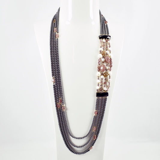 Collana Lunga Multifilo in Quarzo Fragola, Perle ed Ematite