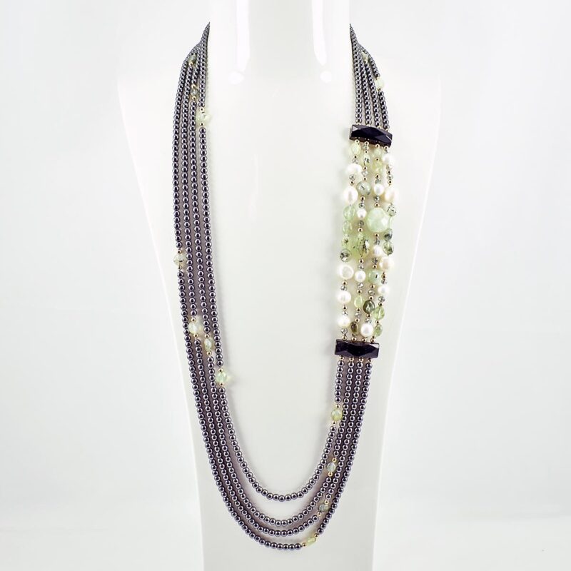 Collana Lunga Multifilo in Prenite, Perle ed Ematite