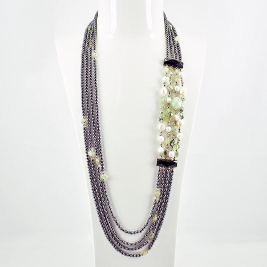 Collana Lunga Multifilo in Prenite, Perle ed Ematite