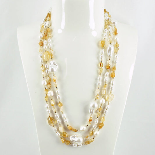 Collana 3 fili in Citrino e Perle Maiorca con chiusura di madreperla 150Cm
