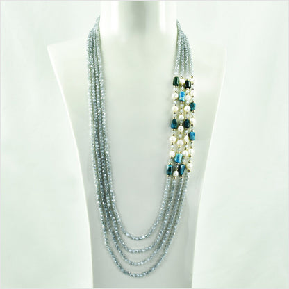 Collana Lunga 4 fili in Pietre di Apatite e Perle di fiume