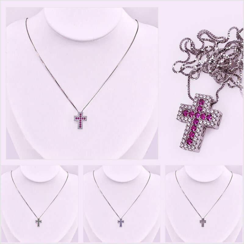 Collana con Croce Brillante diversi colori, in Argento s925 e zirconi