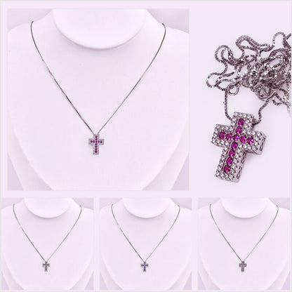 Collana con Croce Brillante diversi colori, in Argento s925 e zirconi