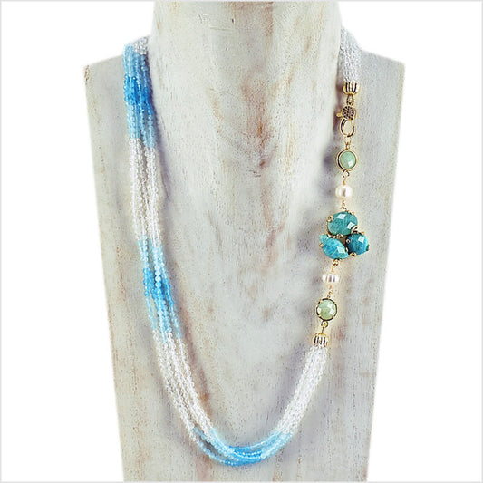 Collana cristalli a 5 fili Azzurro e Bianco, con elemento decorativo in pietre Amazzonite