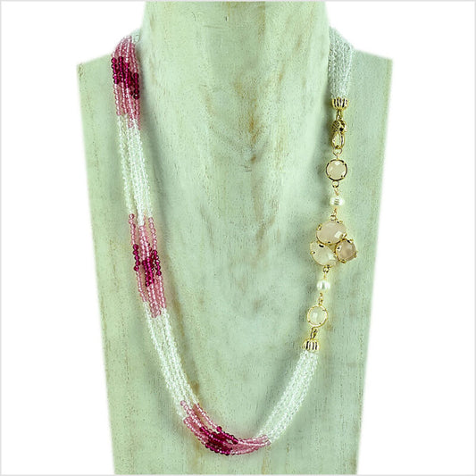 Collana cristalli a 5 fili Rosa e Bianco, con elemento decorativo in Quarzo Rosa