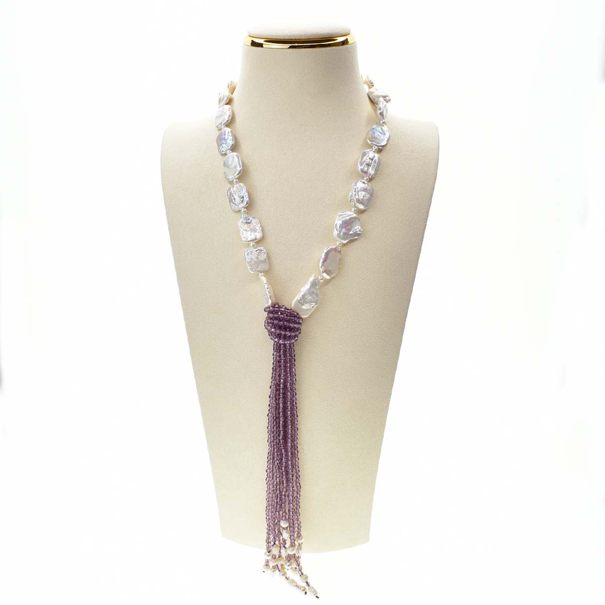 Collana Cravatta Viola e Bianca da Donna, con Perle e Pietre Naturali