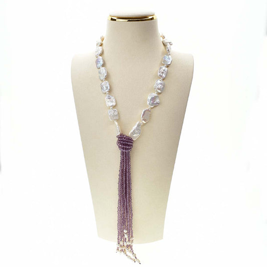 Collana Cravatta Viola e Bianca da Donna, con Perle e Pietre Naturali