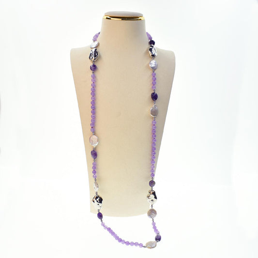 Collana lunga di Perle e Giada Viola, 90cm