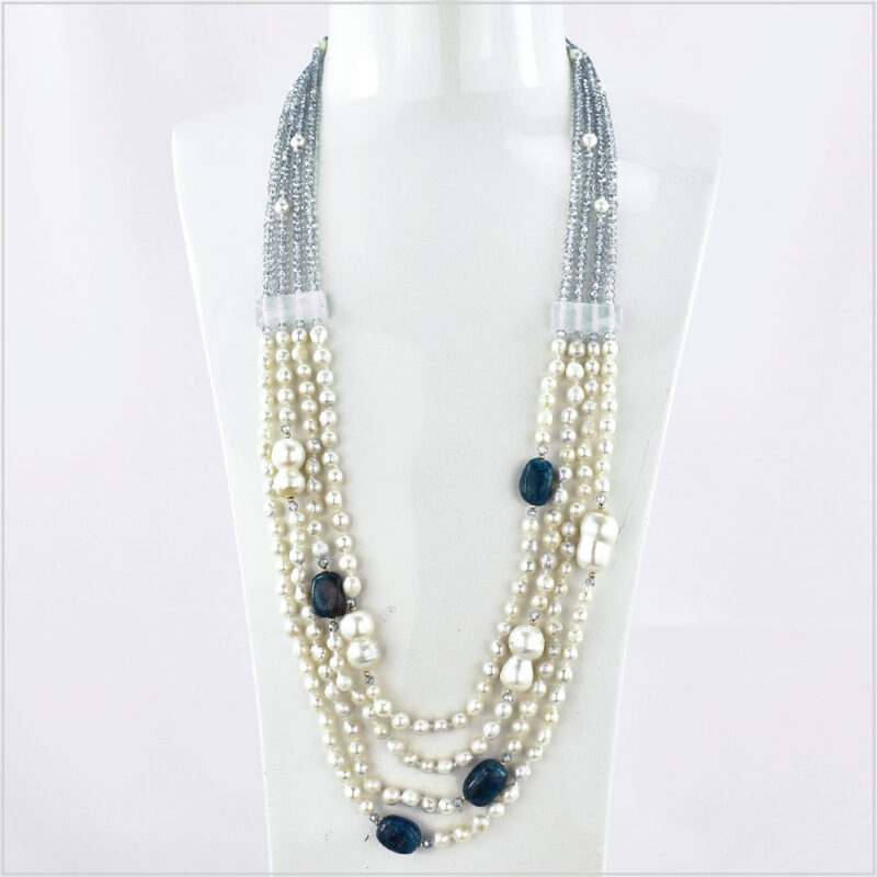 Collana 3 fili in Pietre di Cianite e Perle