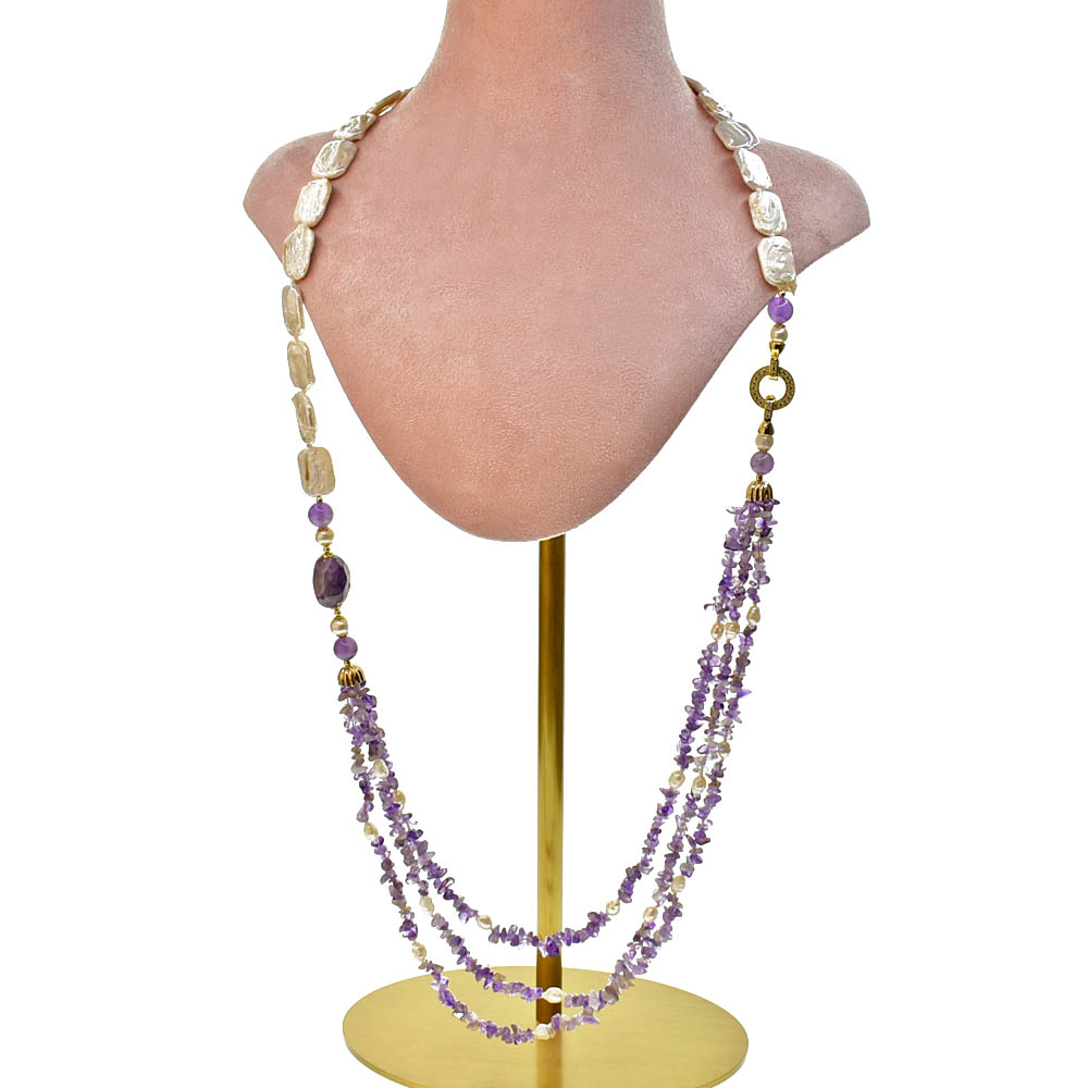 Long Necklace with Multicolor Sapphire Stones, S925 Silver and Gold