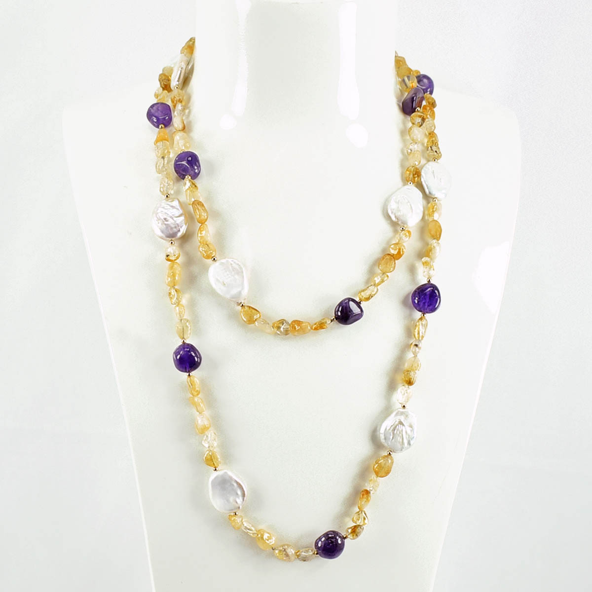 Long Necklace with Multicolor Sapphire Stones, S925 Silver and Gold